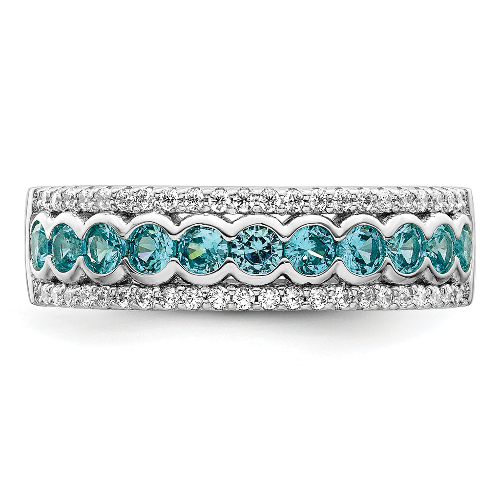 Sterling Silver Rhodium-Plated plated Aqua & White Cubic Zirconi Band