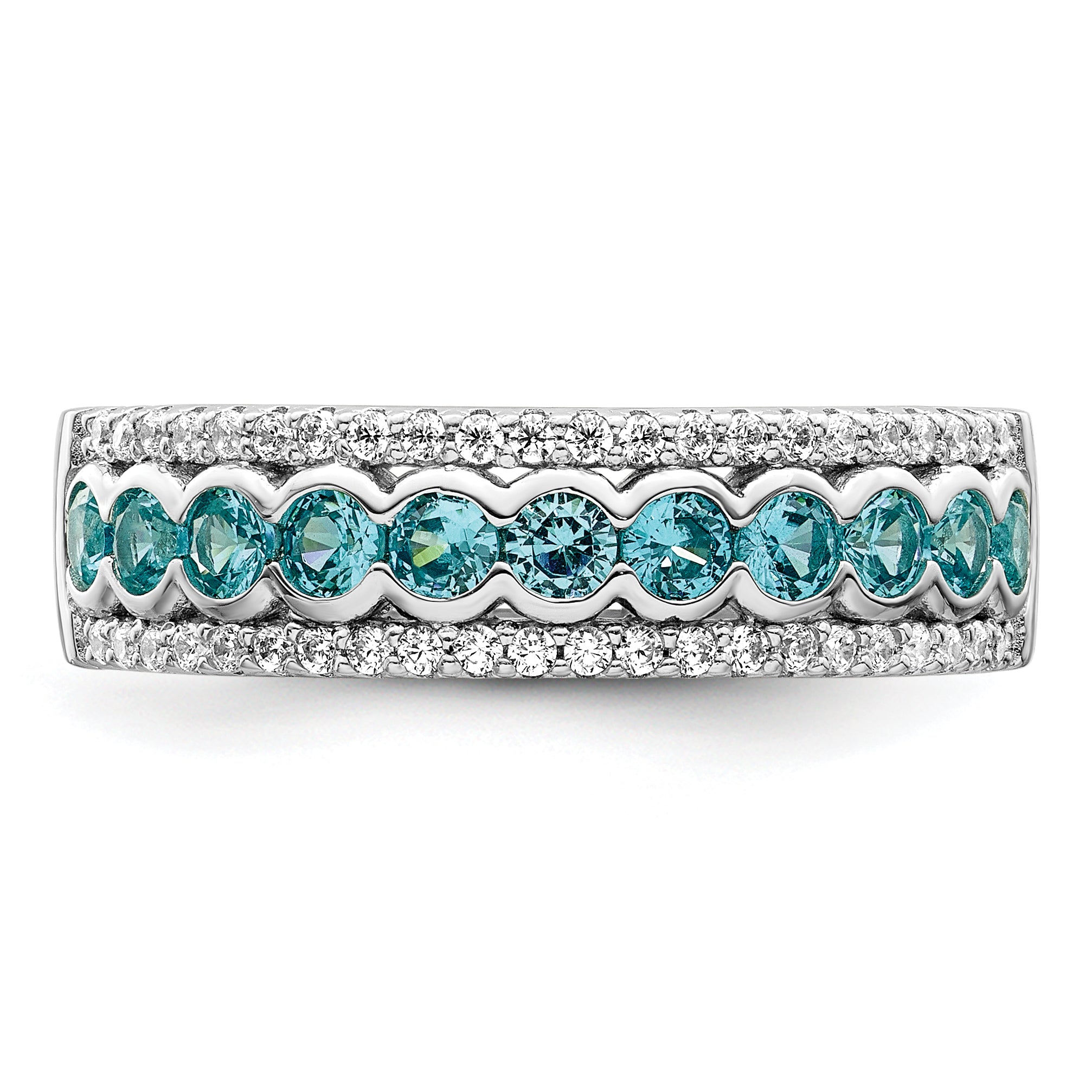 Sterling Silver Rhodium-Plated plated Aqua & White Cubic Zirconi Band