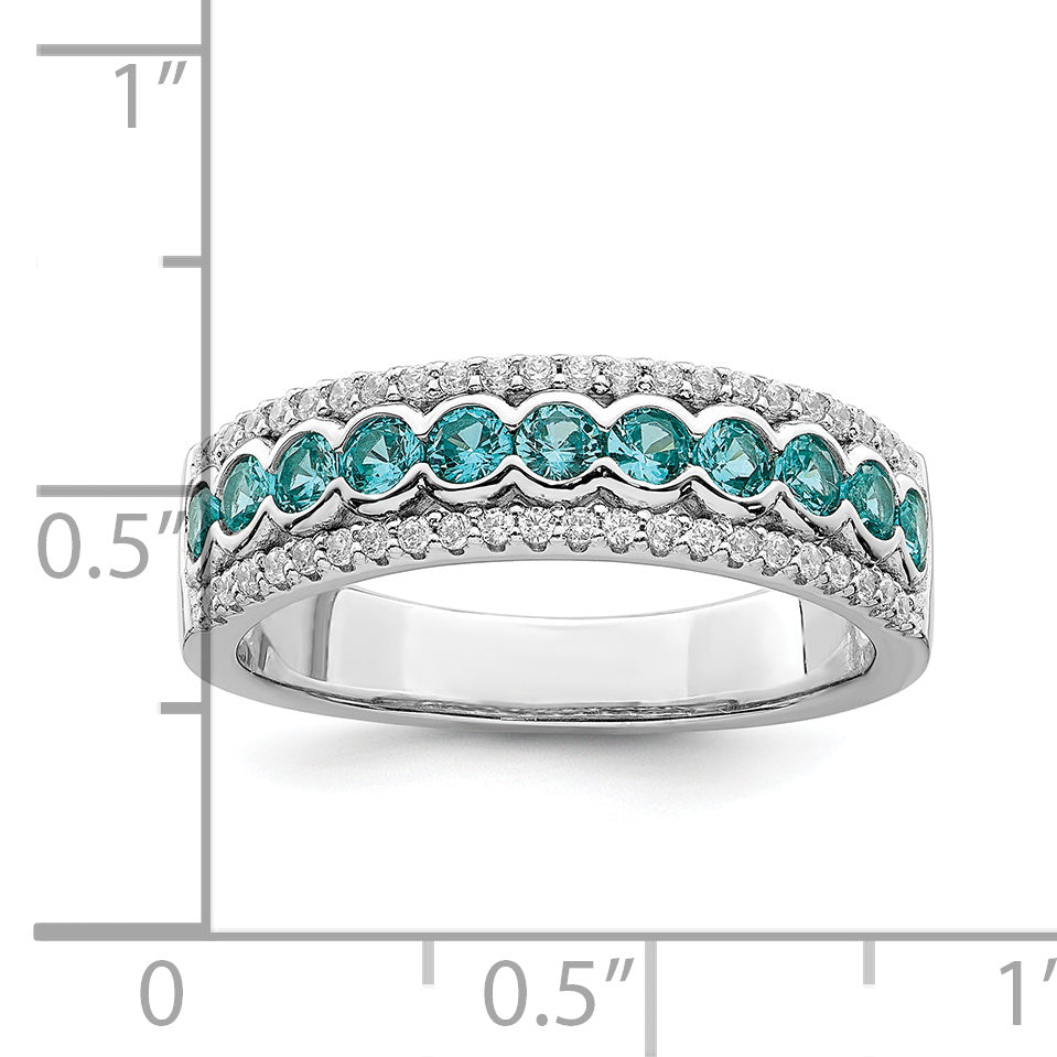 Sterling Silver Rhodium-Plated plated Aqua & White Cubic Zirconi Band