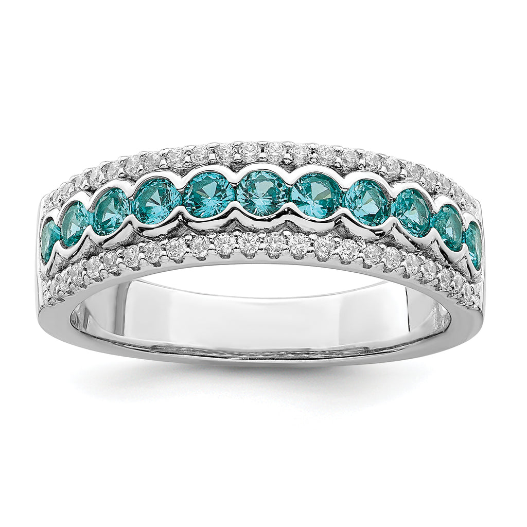 Sterling Silver Rhodium-Plated plated Aqua & White Cubic Zirconi Band