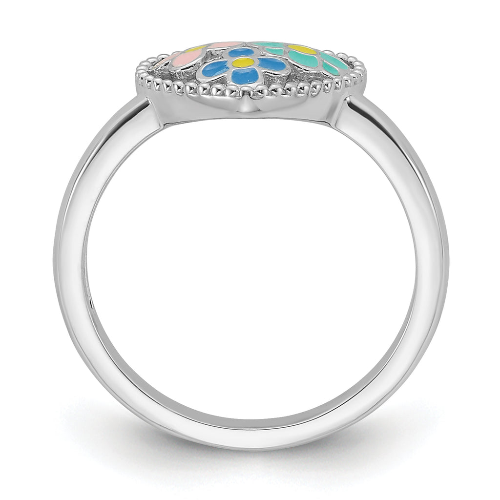 Sterling Silver RH-plated Beaded & Enameled Floral Heart Children's Ring