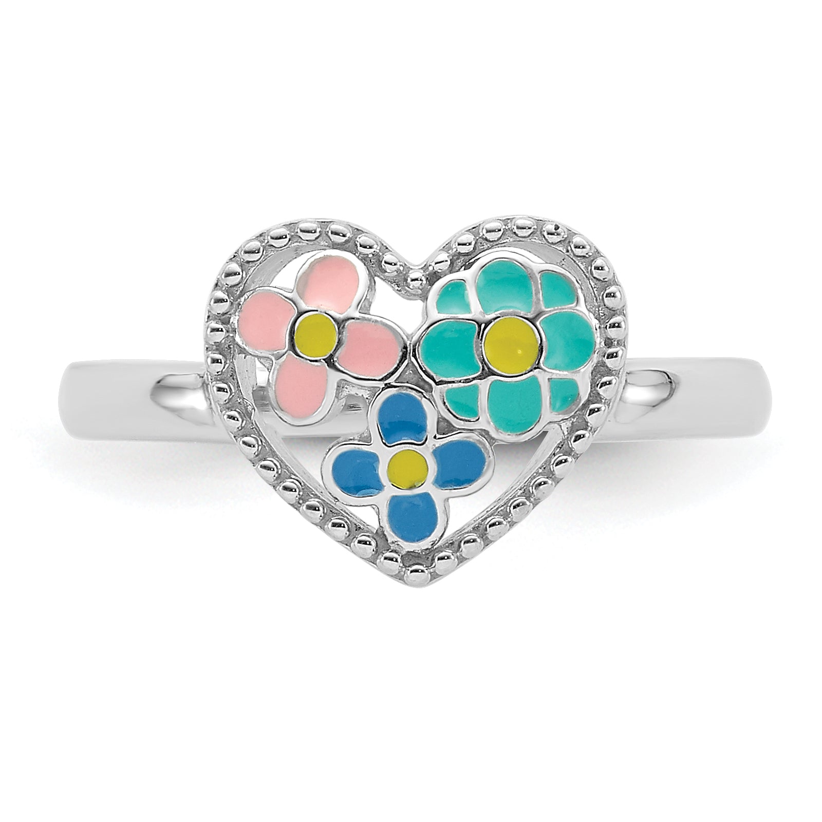 Sterling Silver RH-plated Beaded & Enameled Floral Heart Children's Ring