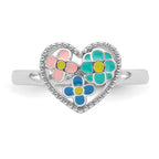 Sterling Silver RH-plated Beaded & Enameled Floral Heart Children's Ring