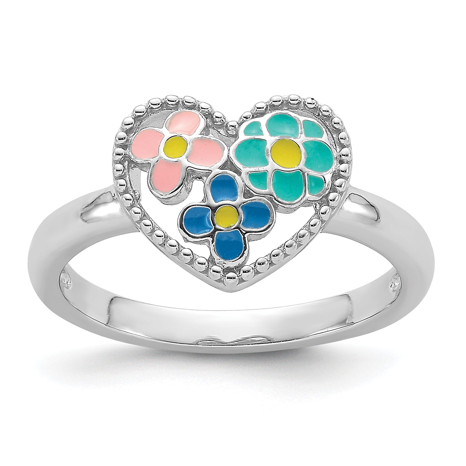 Sterling Silver RH-plated Beaded & Enameled Floral Heart Children's Ring Main image