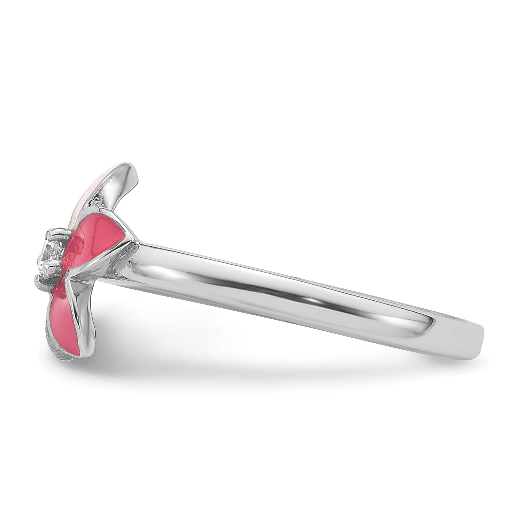 Sterling Silver RH-plated Pink Enameled & CZ Flower Children's Ring