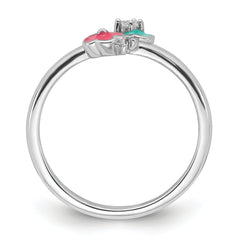 Sterling Silver RH-plated Blue/Pink Enameled & CZ Floral Children's Ring
