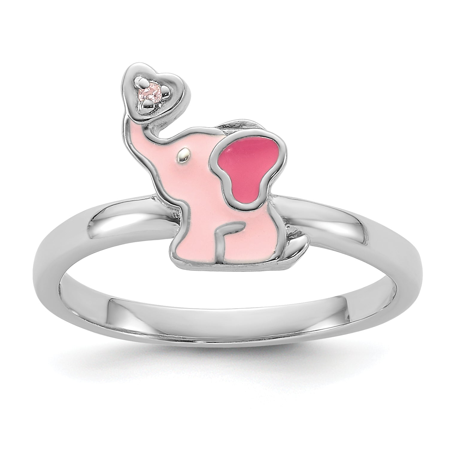 Sterling Silver Rhodium-plated Pink Enamel & CZ Elephant Children's Ring Main image