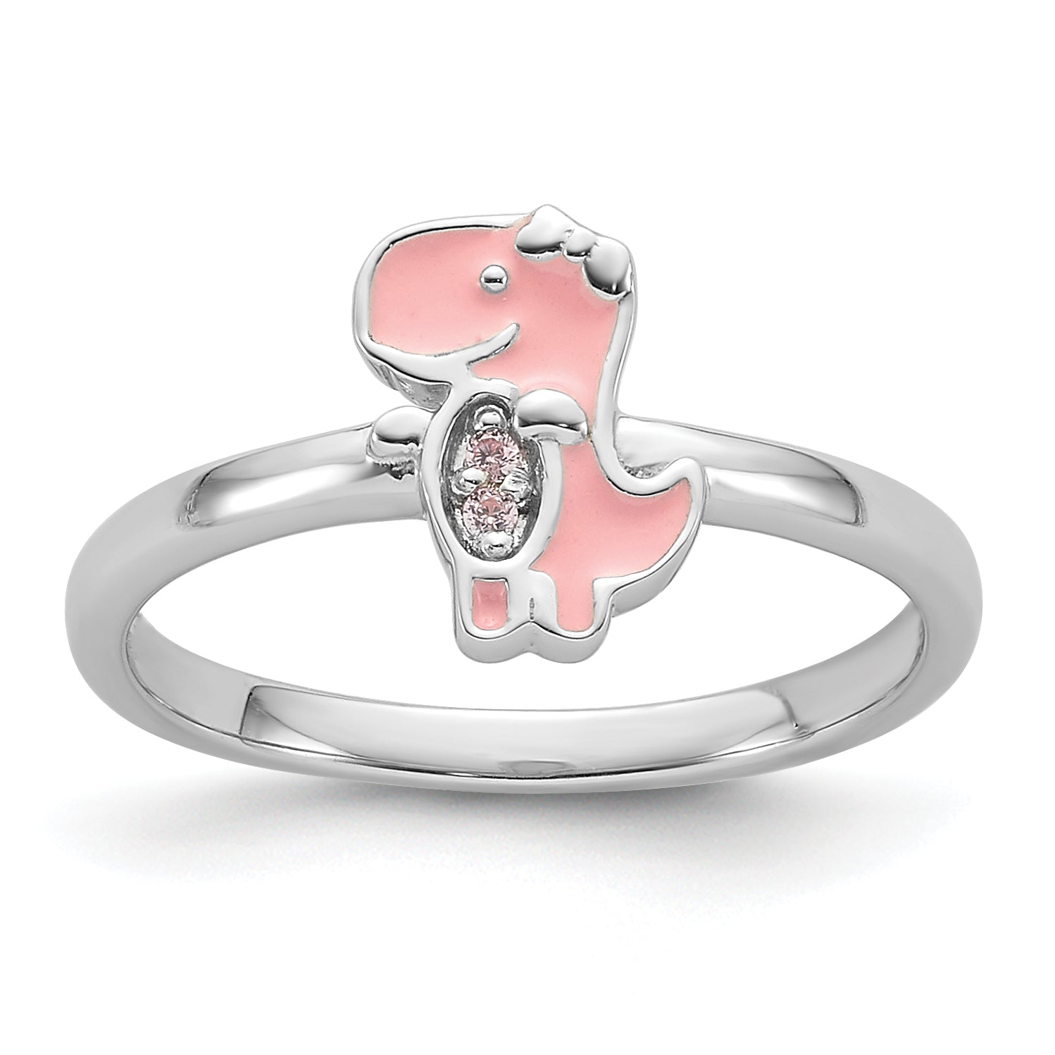 Sterling Silver Rhodium-plated Pink Enamel & CZ Dinosaur Children's Ring Main image