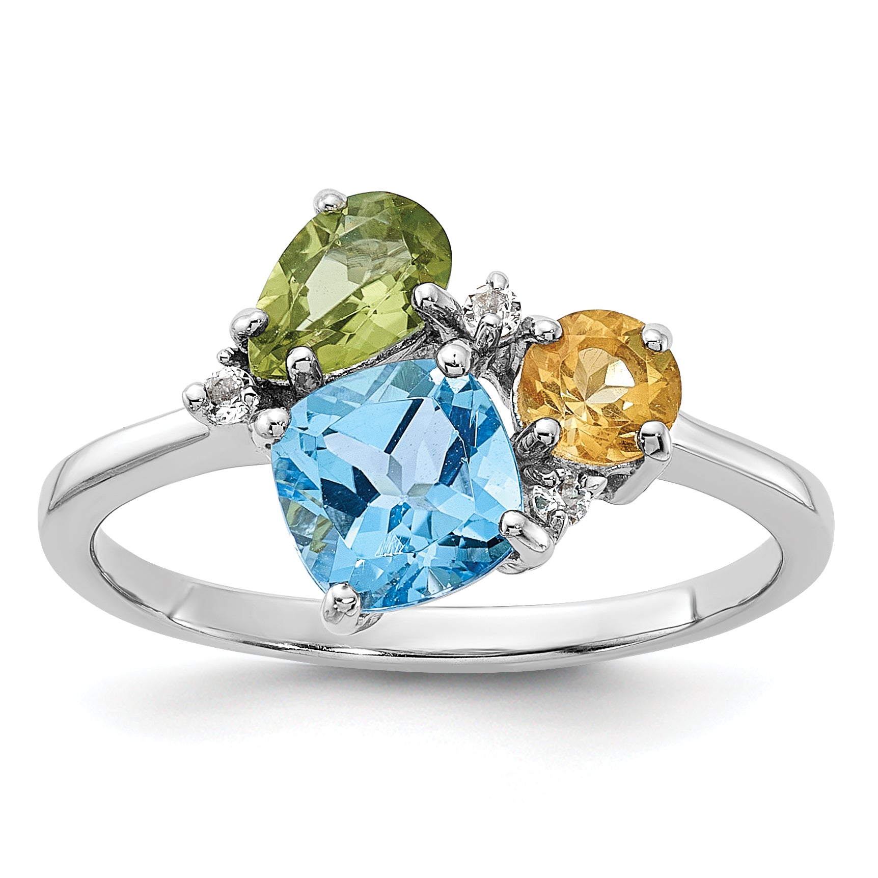 SS Rh Lt.Swiss Blue Topaz/ White Topaz and Peridot and Citrine Ring Main image
