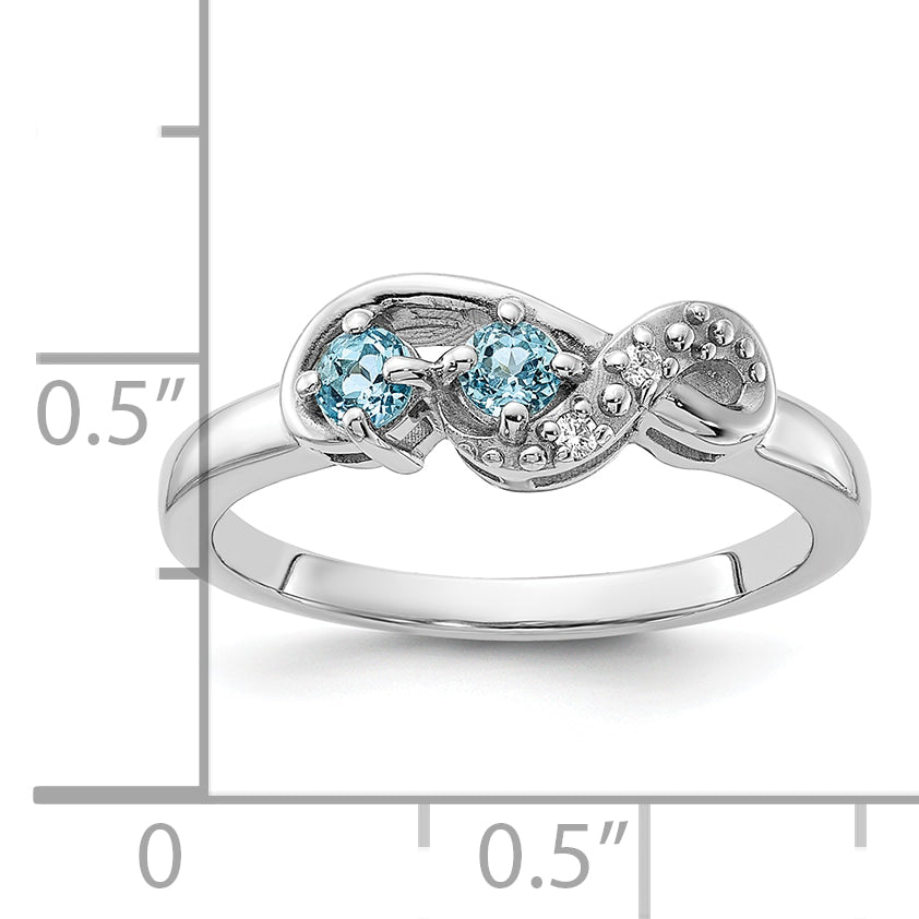 Sterling Silver Rhodium-Plated Light SwiSterling Silver Blue Topaz and Cubic Zirconi Swirl Ring