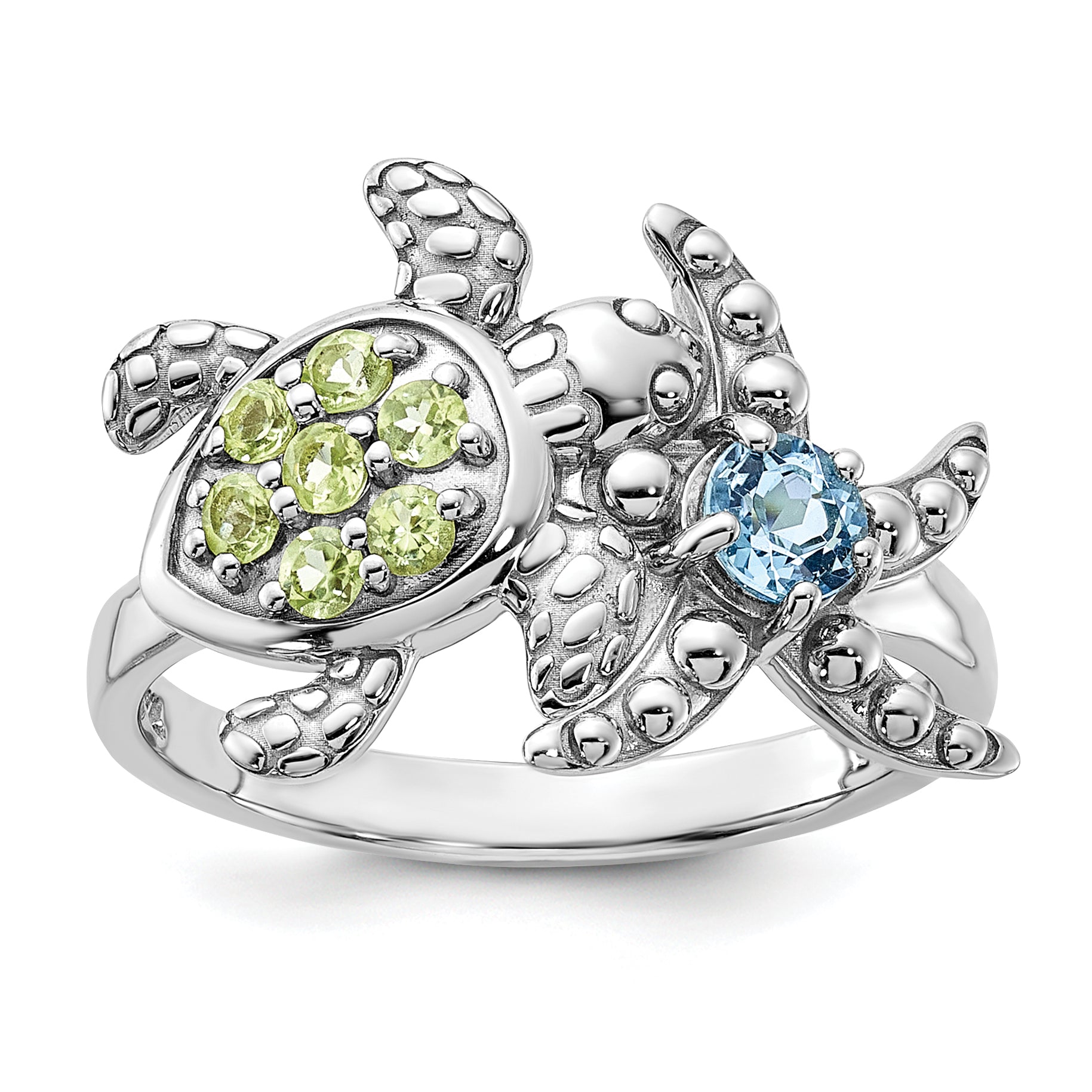 Sterling Silver Rhodium-plated Peridot and Light Swiss Blue Topaz Turtle and Starfish Ring Main image