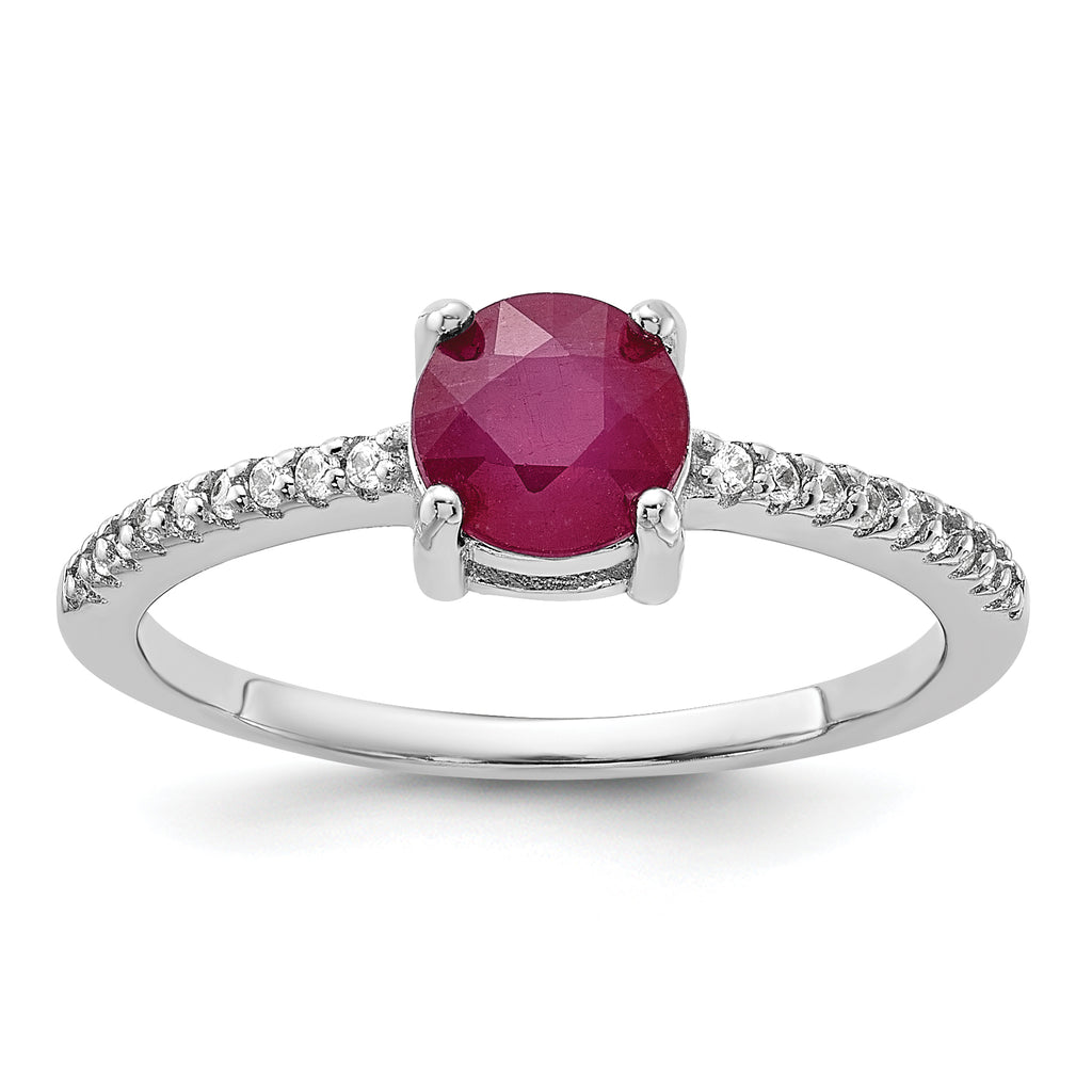 Sterling Silver Rh-plated-plated 1.43R Ruby and .12WT White Topaz Ring