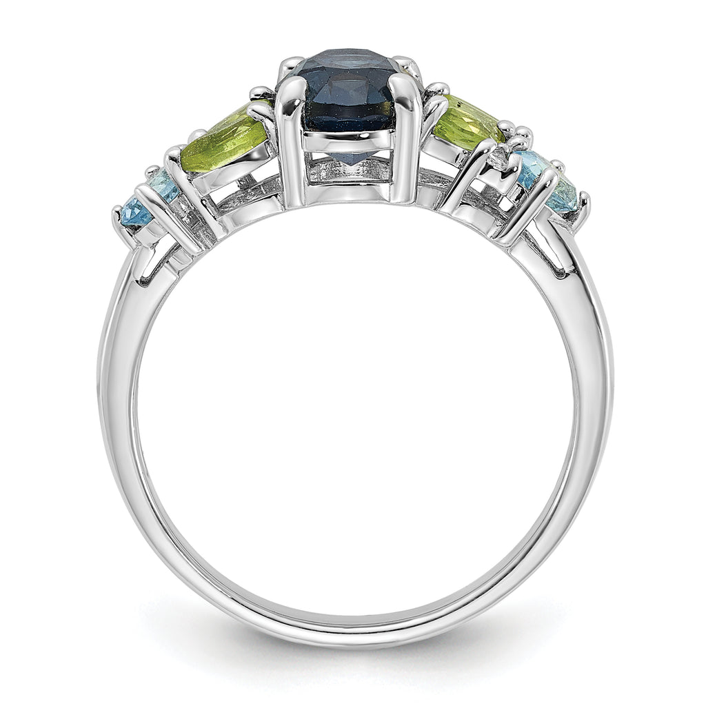 SS Rhodium London Lt.Swiss Blue/White Topaz and Peridot Ring