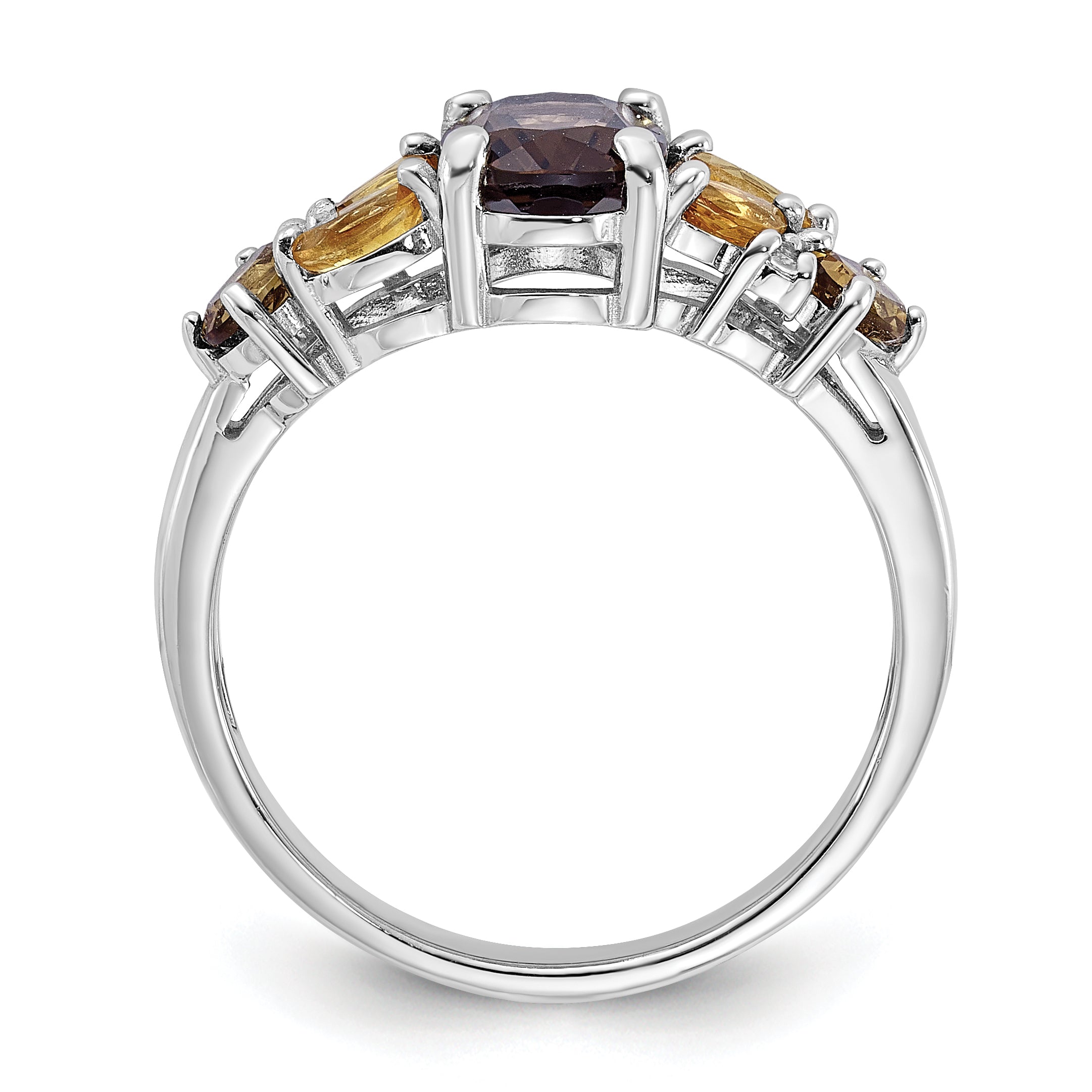 SS Rh Smoky and Whiskey Quartz Citrine White Topaz Ring