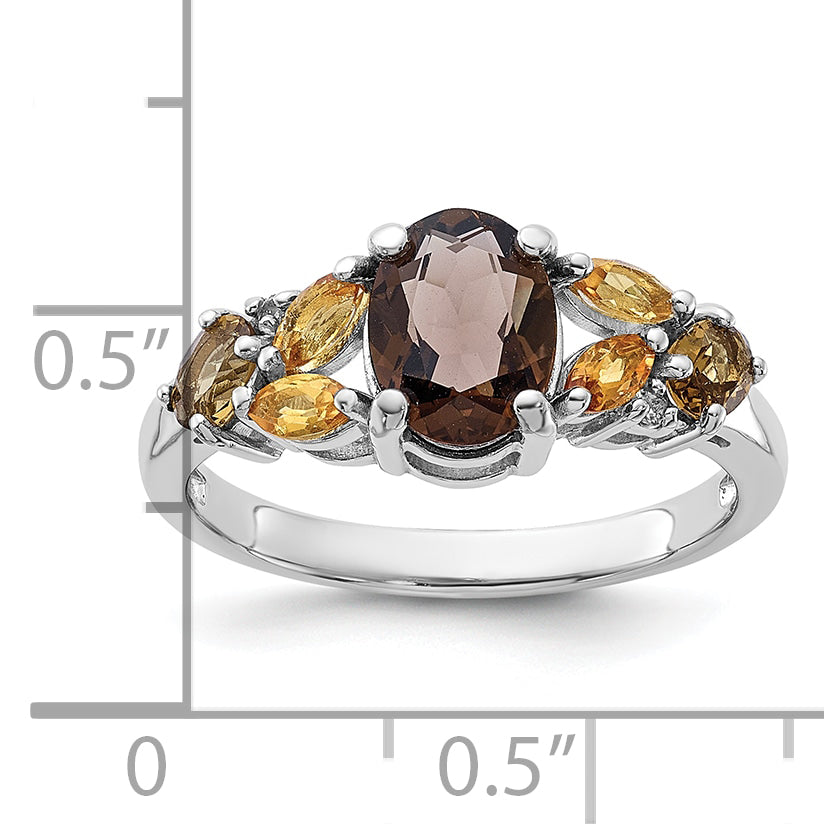 SS Rh Smoky and Whiskey Quartz Citrine White Topaz Ring