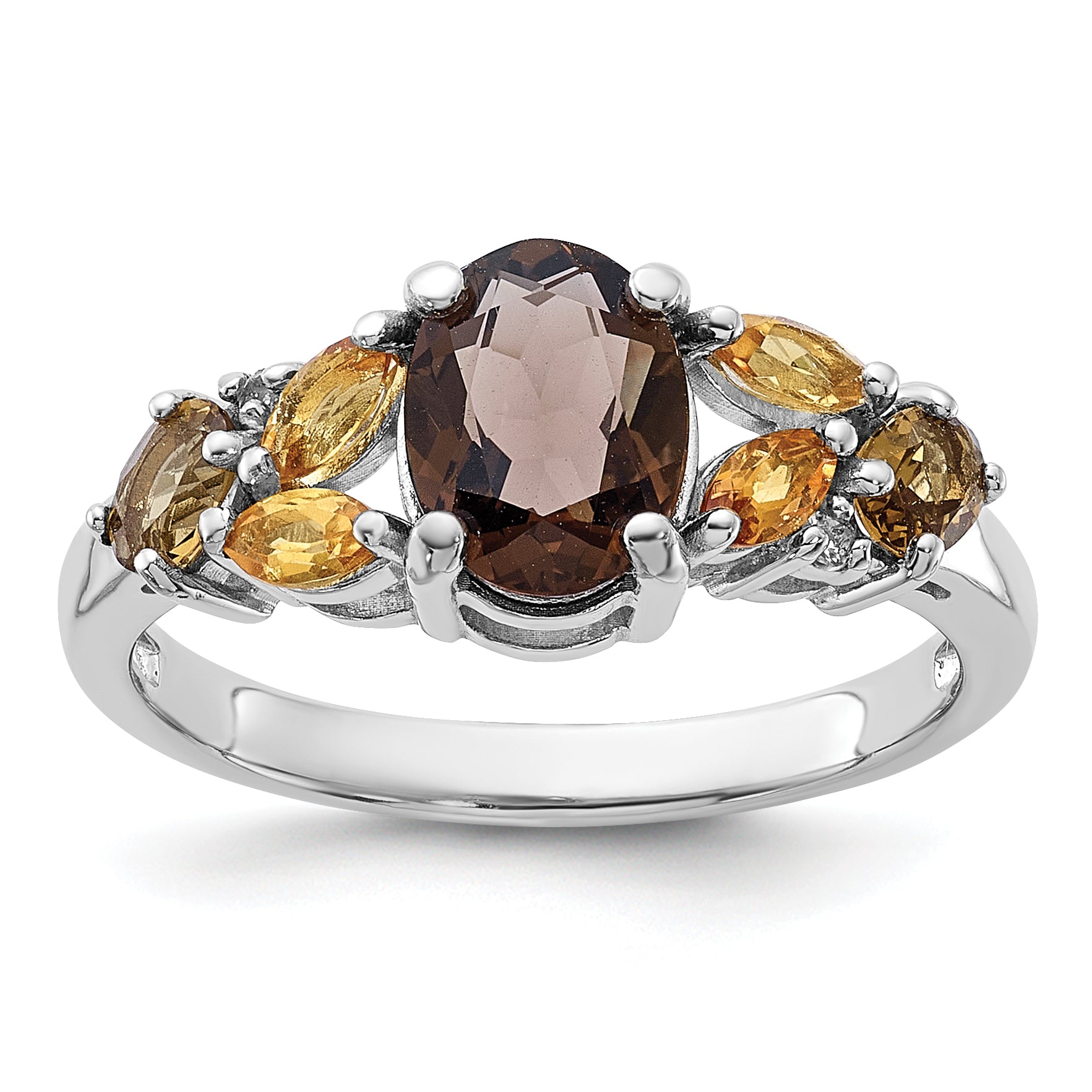 SS Rh Smoky and Whiskey Quartz Citrine White Topaz Ring Main image