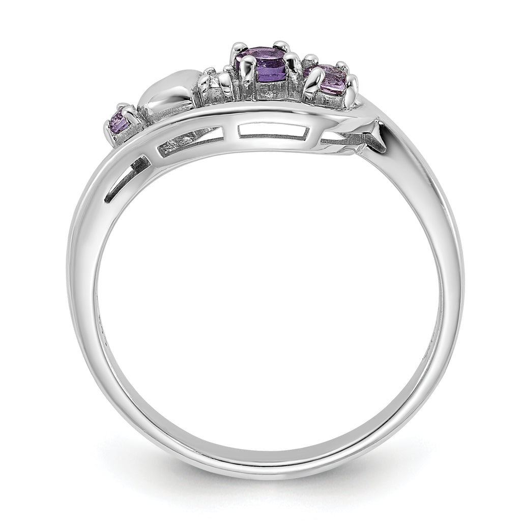 Sterling Silver Rhodium-Plated Amethyst Pink Quartz and CZ with Heart Ring