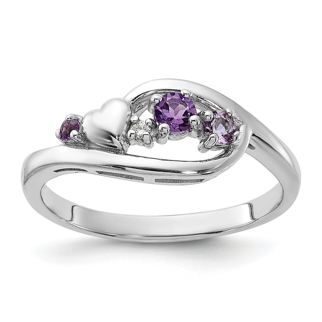 Sterling Silver Rhodium-Plated Amethyst Pink Quartz and CZ with Heart Ring