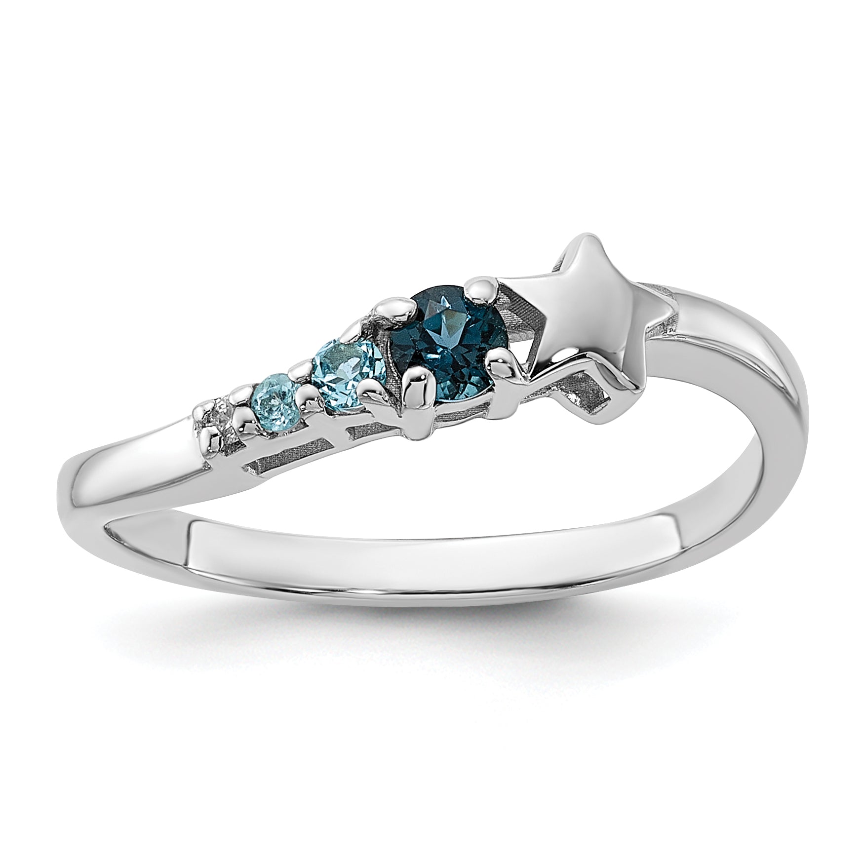 Sterling Silver Rhodium-Plated London and Lt SwiSterling Silver Blue Topaz and Cubic Zirconi Star Curve Ring Main image