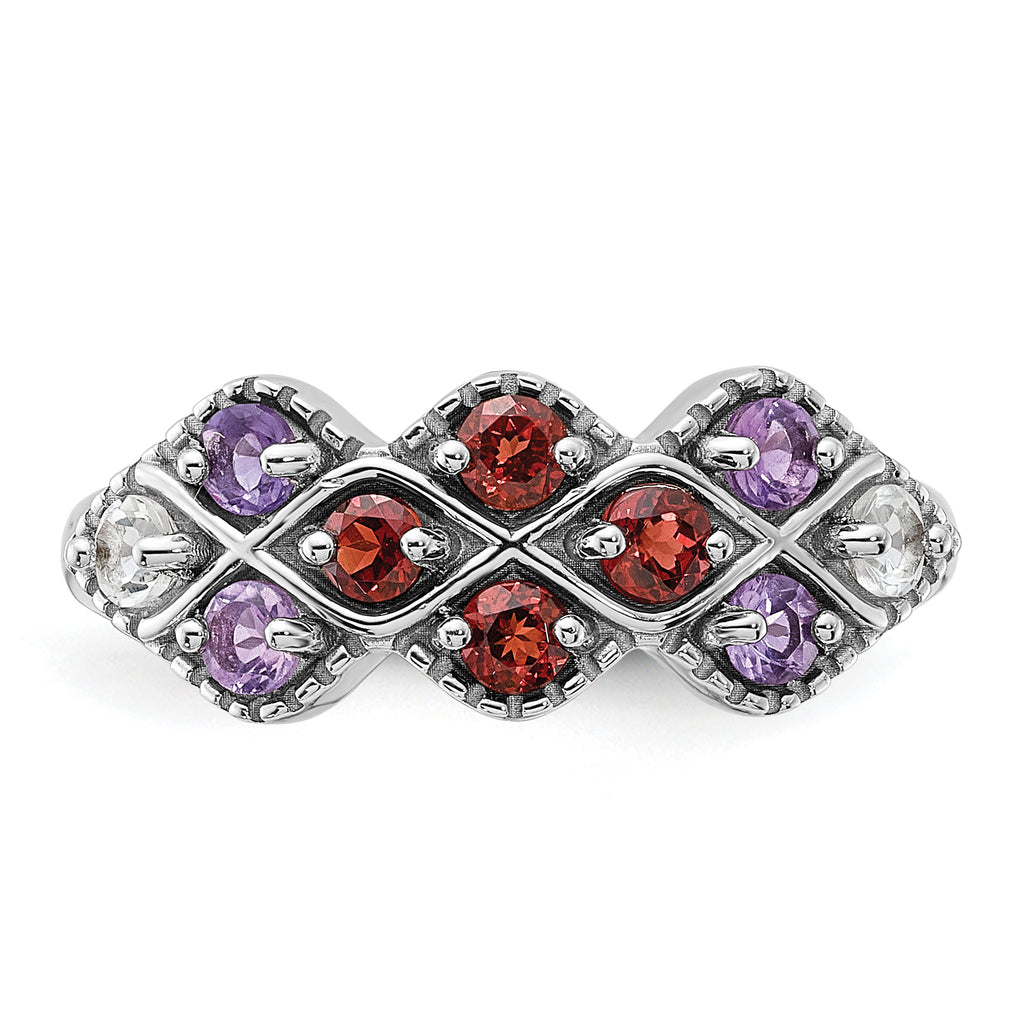Sterling Silver Rhodium-plated Garnet Amethyst and White Topaz Ring