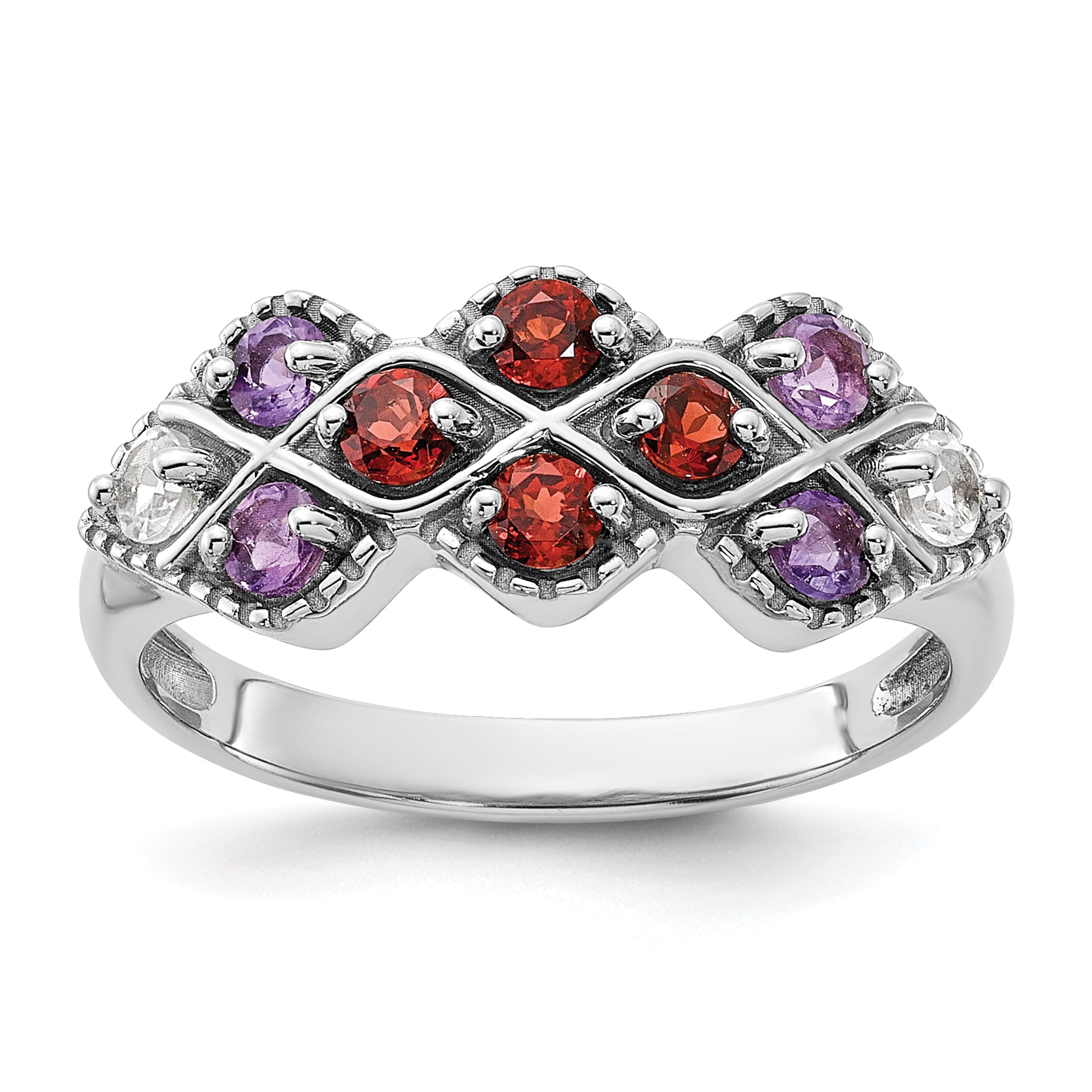 Sterling Silver Rhodium-plated Garnet Amethyst and White Topaz Ring Main image