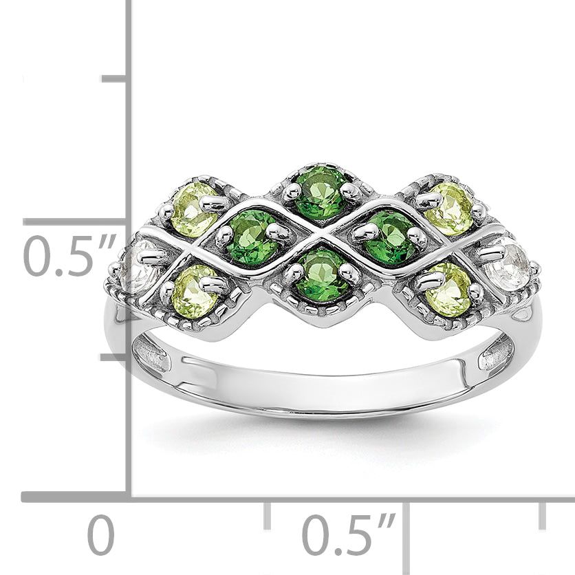 Sterling Silver Rhodium Chrome Diopside Peridot and White Topaz Ring