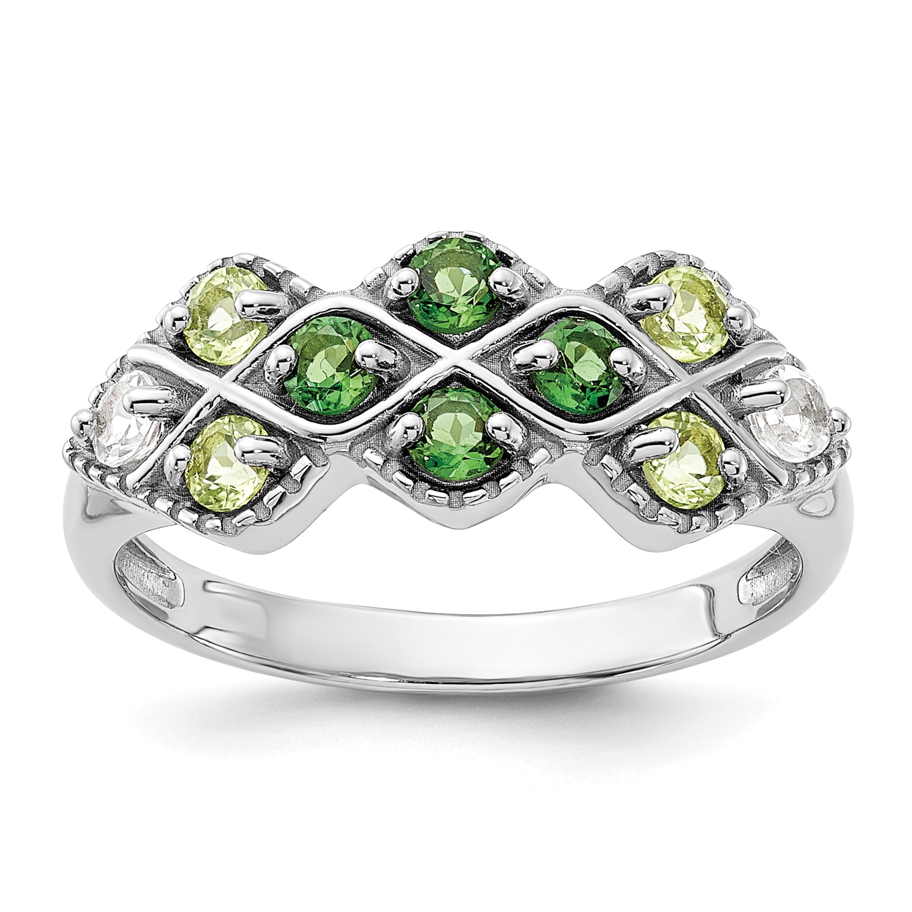 Sterling Silver Rhodium Chrome Diopside Peridot and White Topaz Ring Main image