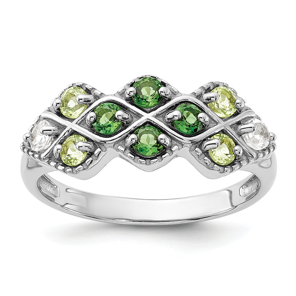 Sterling Silver Rhodium Chrome Diopside Peridot and White Topaz Ring