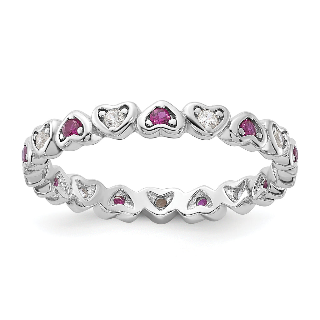 Sterling Silver Rhodium-Plated .14Lab Cr. Ruby and .27Cr. Wh Sapphire Heart Ring