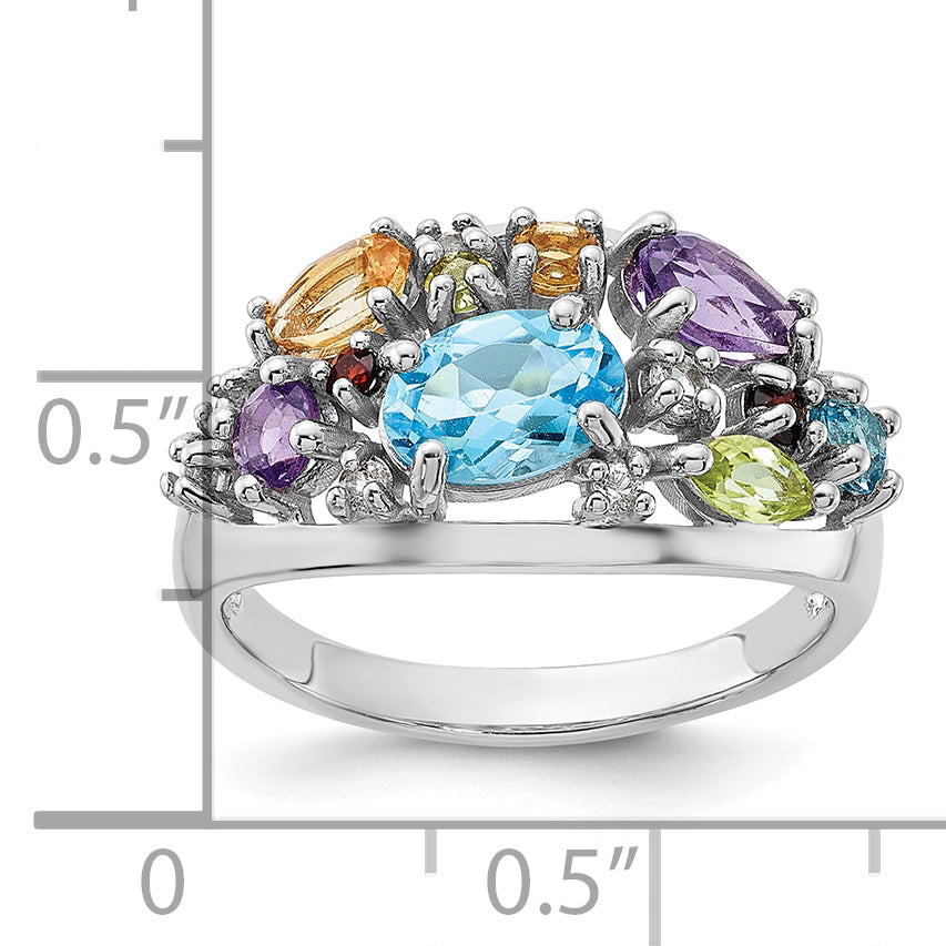 Sterling Silver Rhodium-plated Rainbow Multi Gemstone Ring