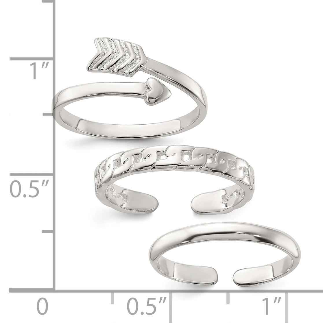 Sterling Silver Polished Arrow/Chain Link/Plain Set of 3 Toe Rings