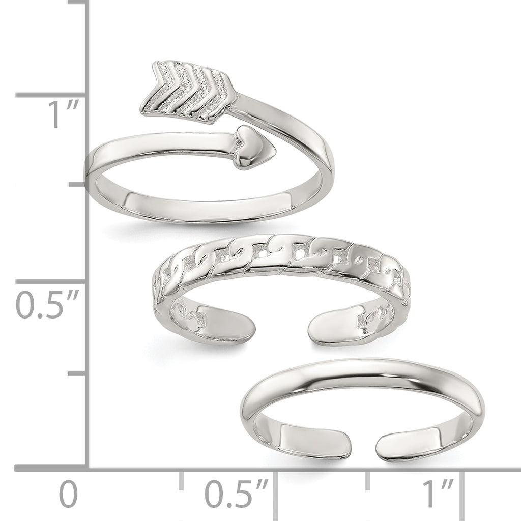 Sterling Silver Polished Arrow/Chain Link/Plain Set of 3 Toe Rings