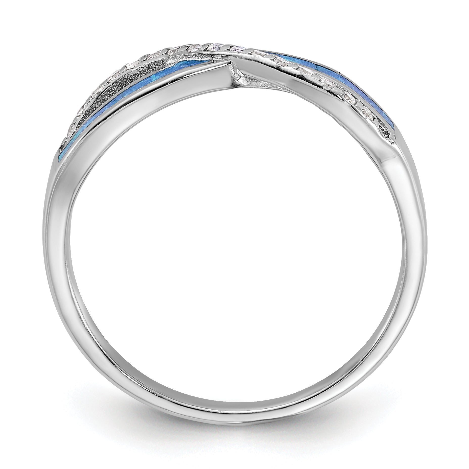 Sterling Silver RH-plated CZ and Blue Cr. Opal Inlay Infinity Symbol Ring Secondary image