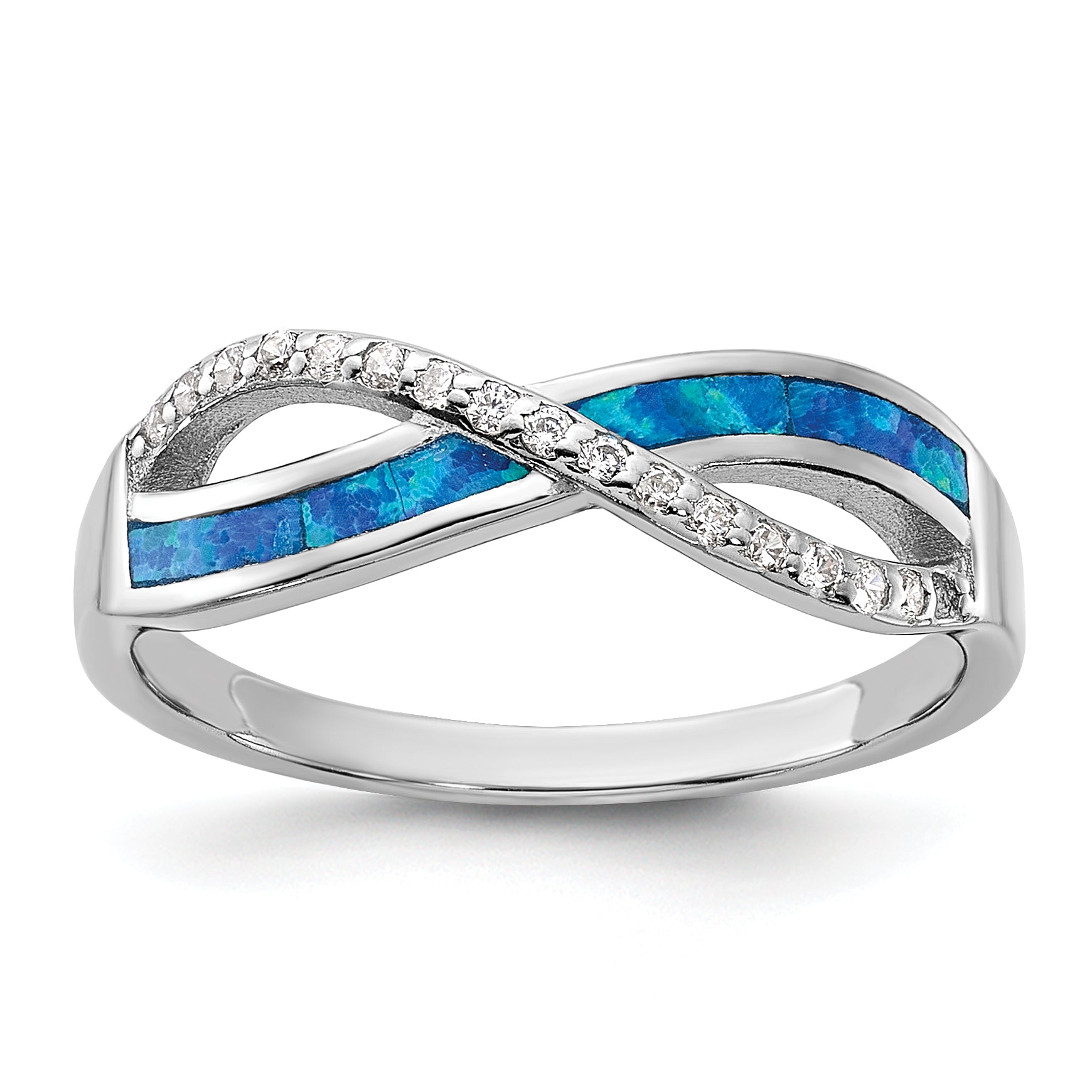 Sterling Silver RH-plated CZ and Blue Cr. Opal Inlay Infinity Symbol Ring Main image