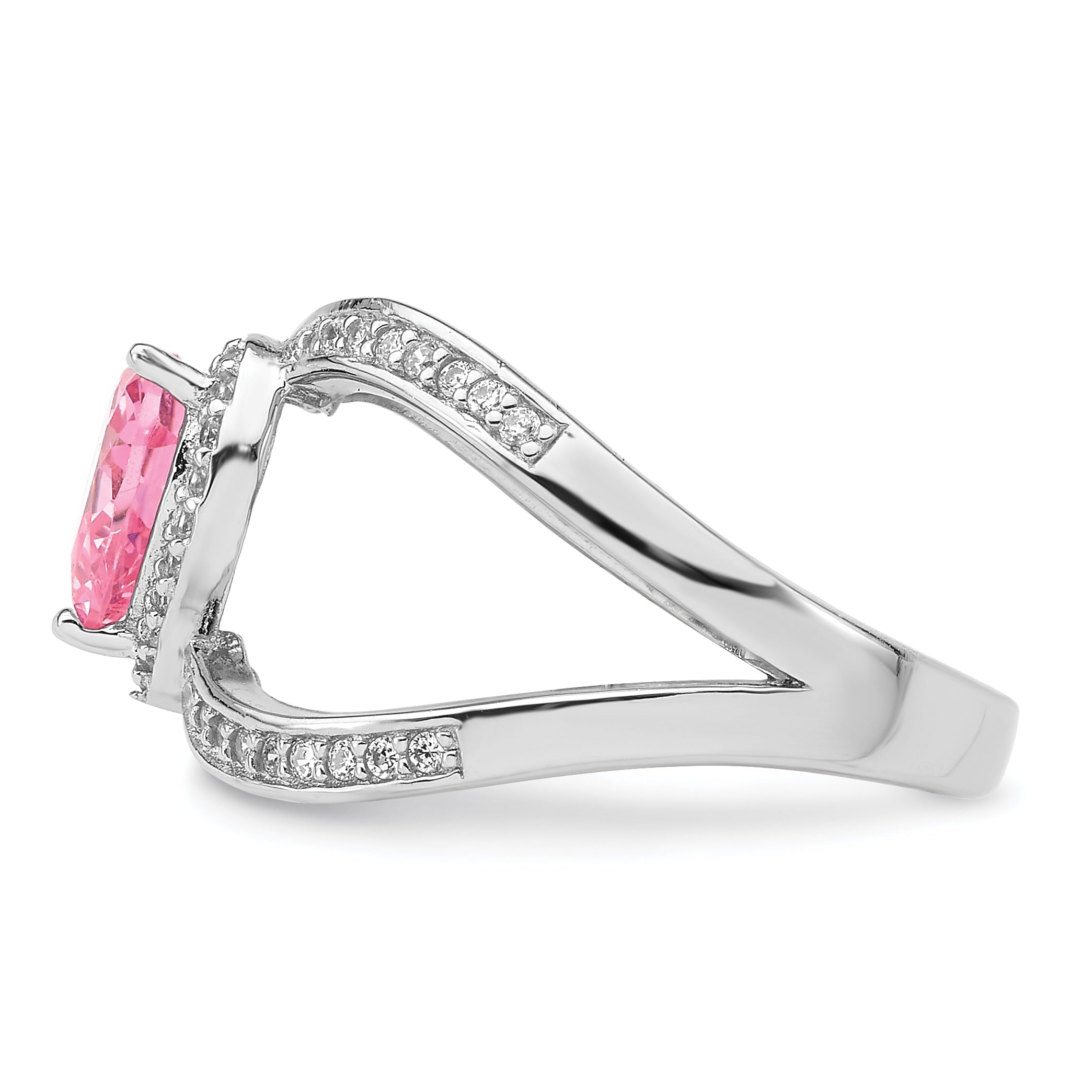 Sterling Silver Rhodium-Plated Clear and Pink Cubic Zirconi Heart Ring