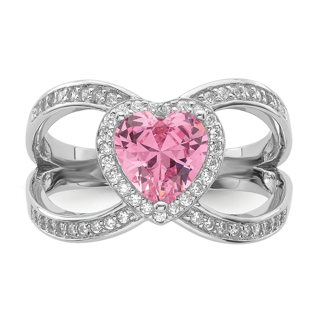 Sterling Silver Rhodium-Plated Clear and Pink Cubic Zirconi Heart Ring