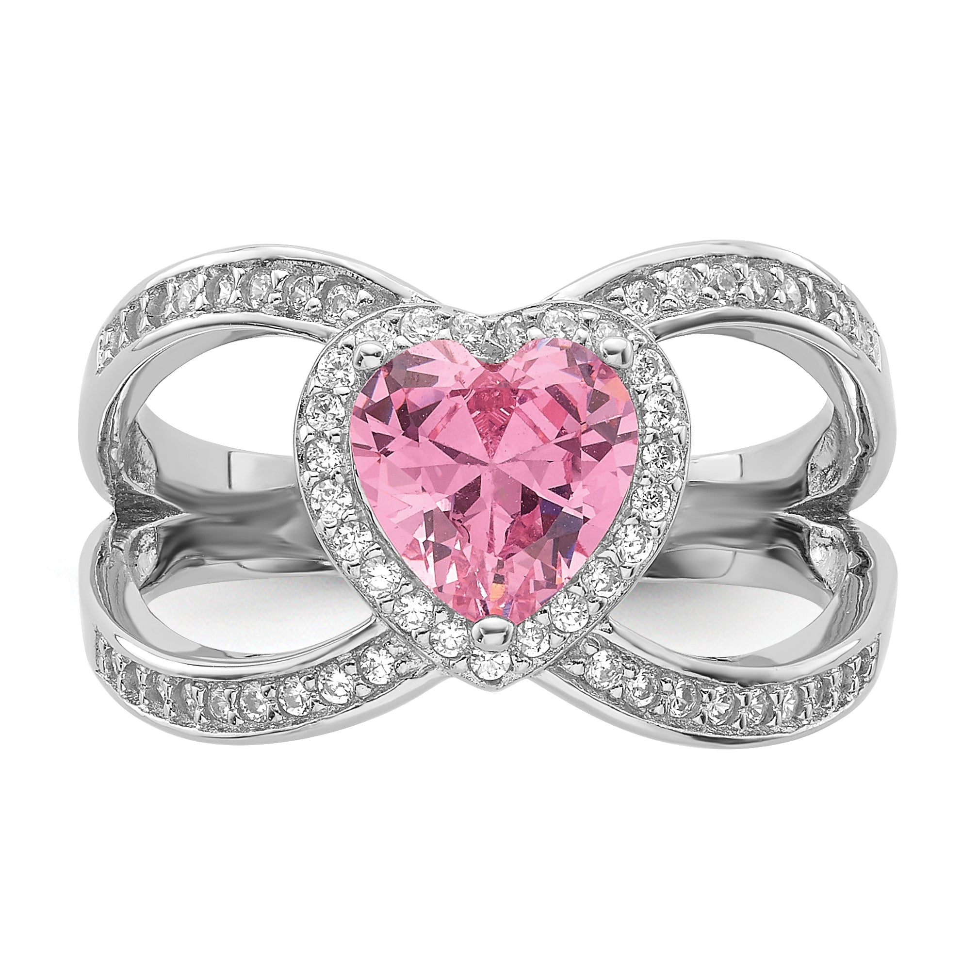 Sterling Silver Rhodium-Plated Clear and Pink Cubic Zirconi Heart Ring