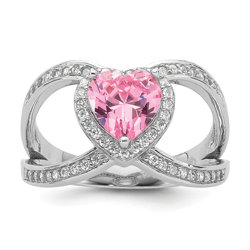 Sterling Silver Rhodium-Plated Clear and Pink Cubic Zirconi Heart Ring