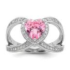 Sterling Silver Rhodium-Plated Clear and Pink Cubic Zirconi Heart Ring