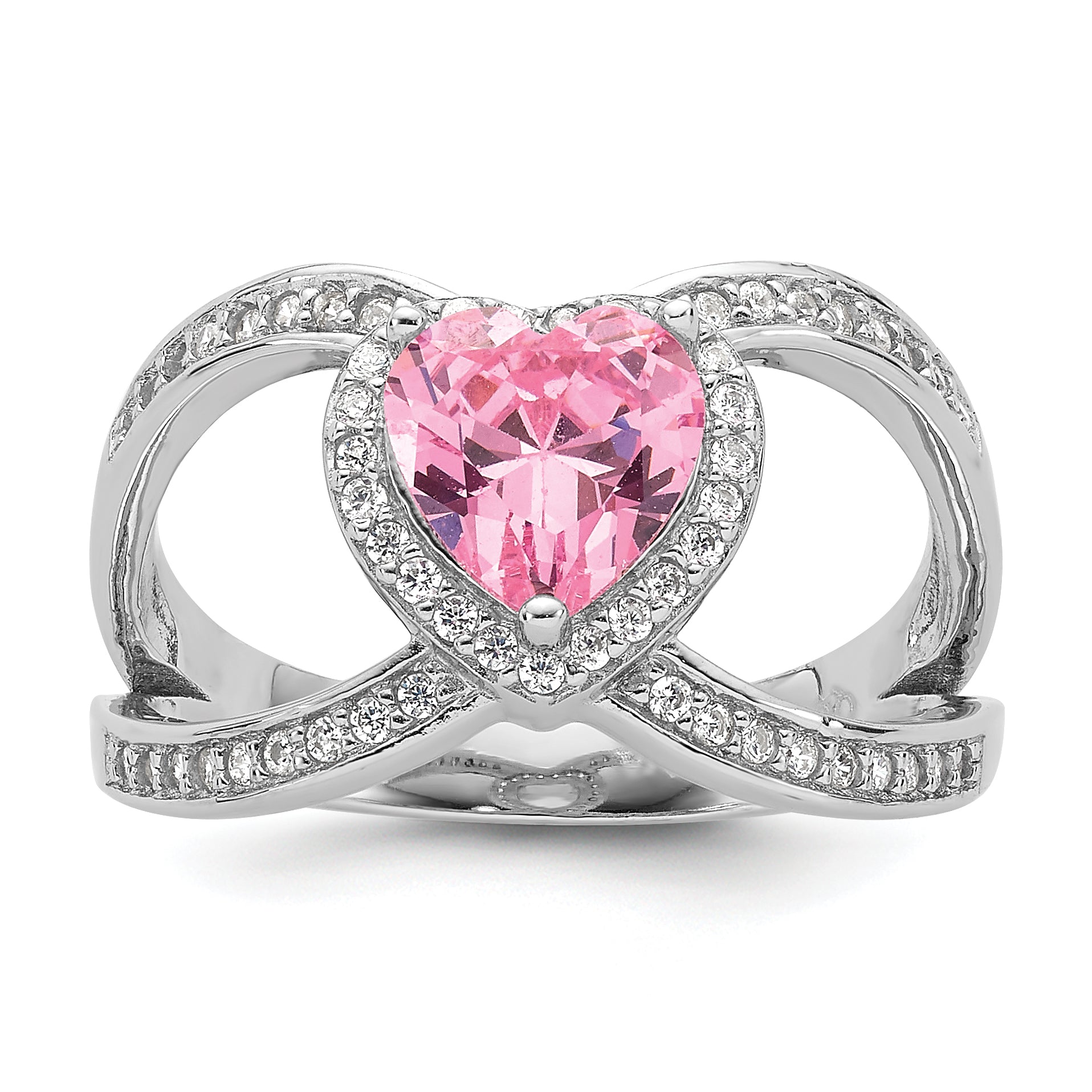 Sterling Silver Rhodium-Plated Clear and Pink Cubic Zirconi Heart Ring