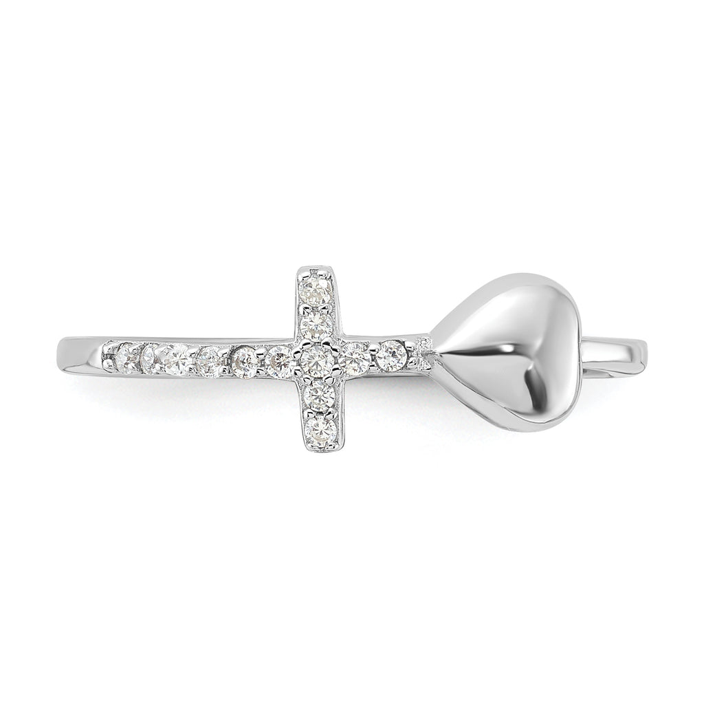 Sterling Silver Rhodium-plated Heart and CZ Cross Ring