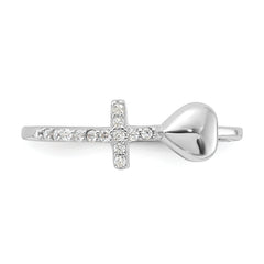 Sterling Silver Rhodium-plated Heart and CZ Cross Ring