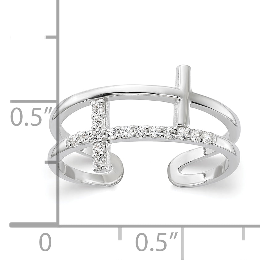 Sterling Silver E-coated CZ Cross Open Back Ring