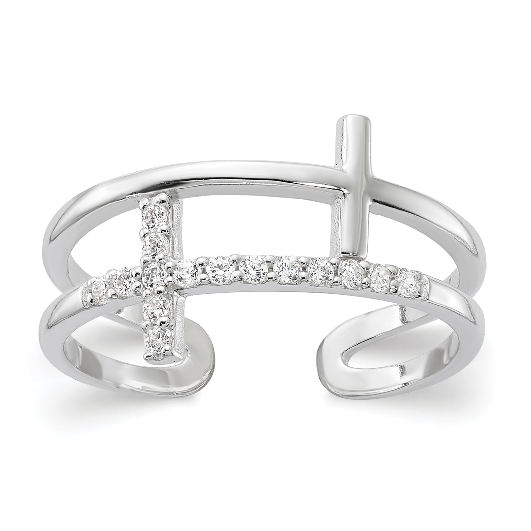 Sterling Silver E-coated CZ Cross Open Back Ring Main image
