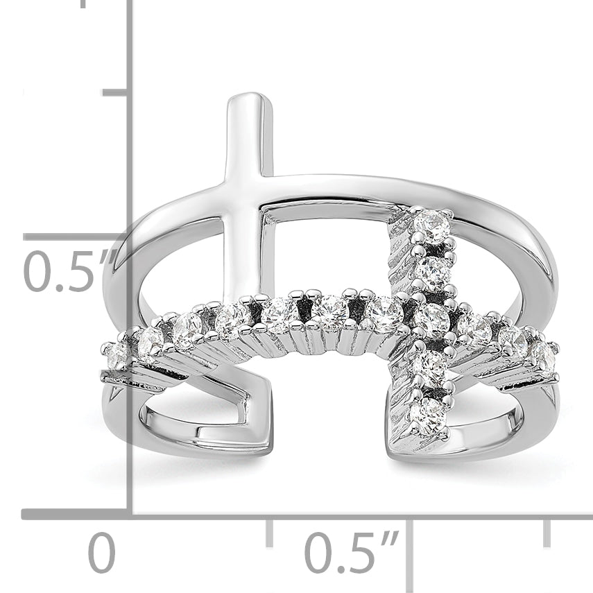 True Fire Sterling Silver Rhodium-plated Double Cross CZ Open Back Ring