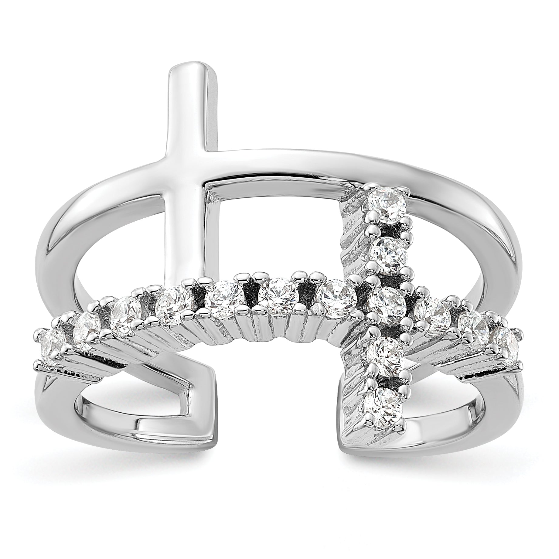 True Fire Sterling Silver Rhodium-plated Double Cross CZ Open Back Ring Main image