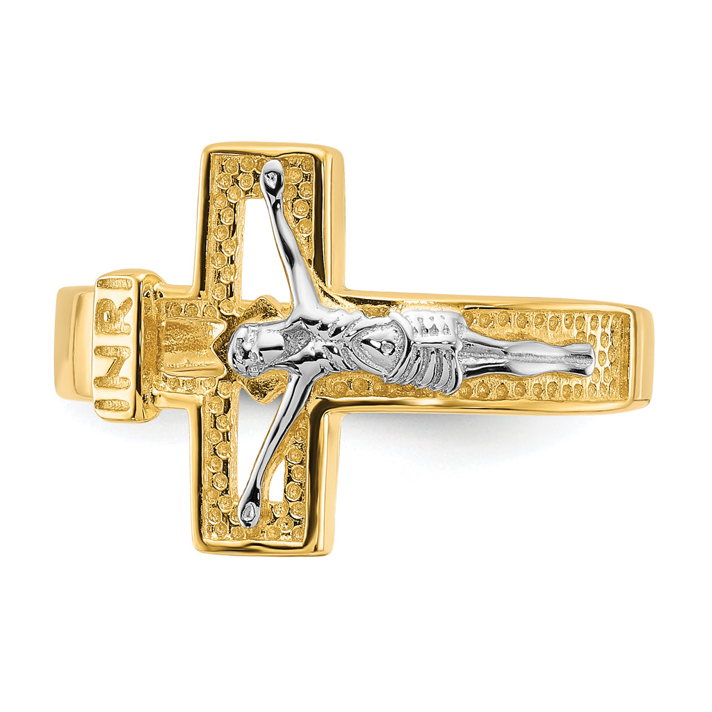 Sterling Silver Rhodium-plated Gold-tone INRI Crucifix Ring