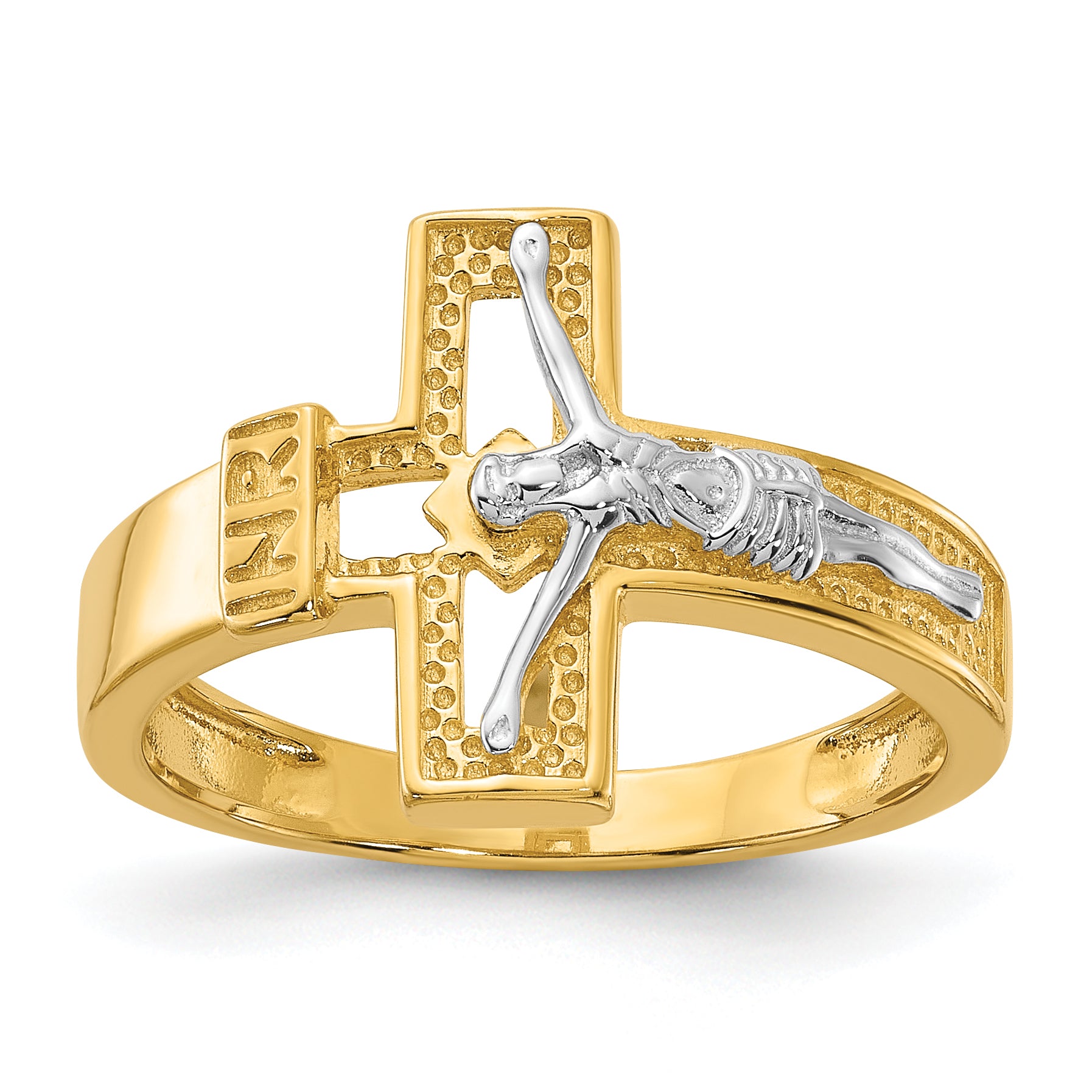 Sterling Silver Rhodium-plated Gold-tone INRI Crucifix Ring Main image