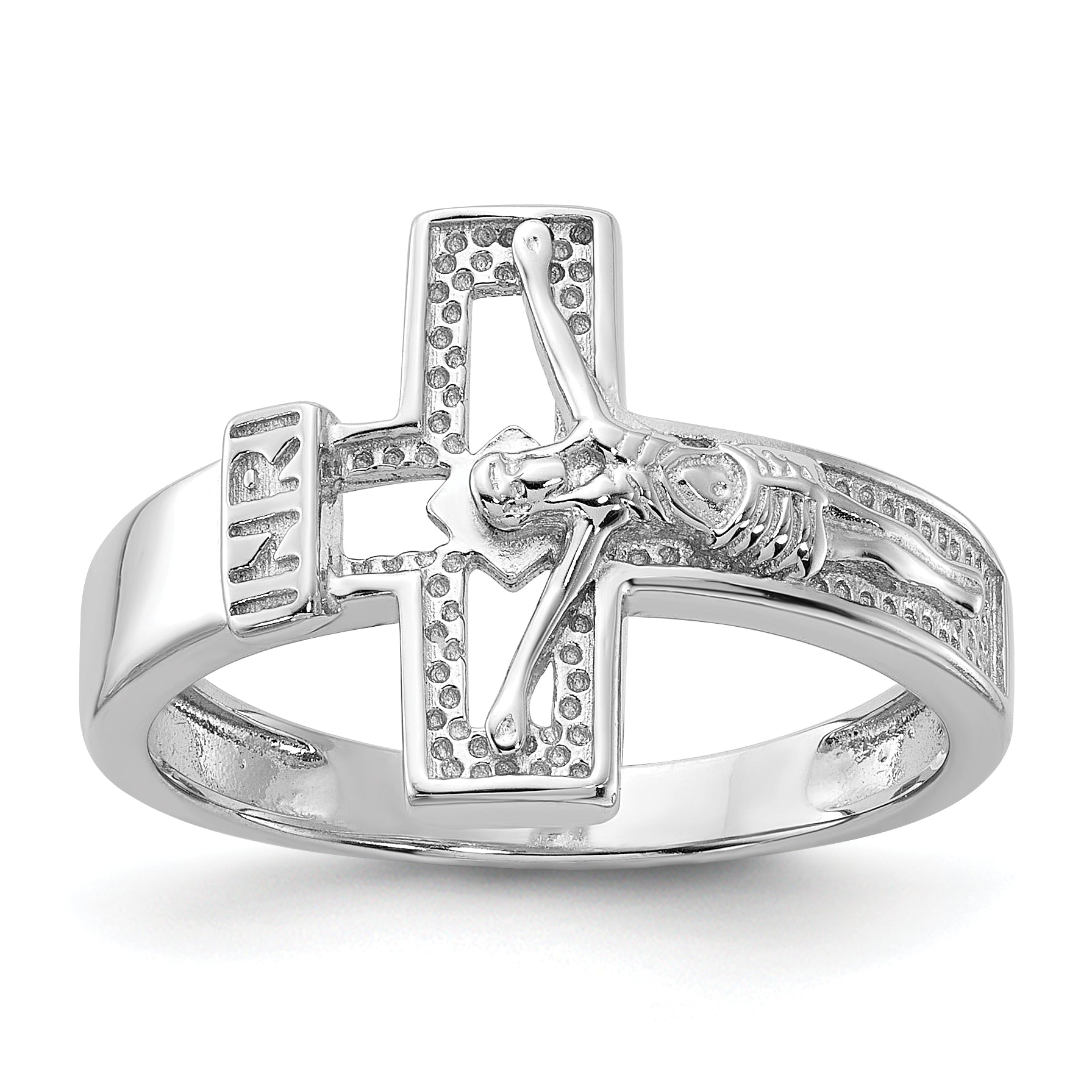 Sterling Silver Rhodium-plated INRI Crucifix Ring Main image