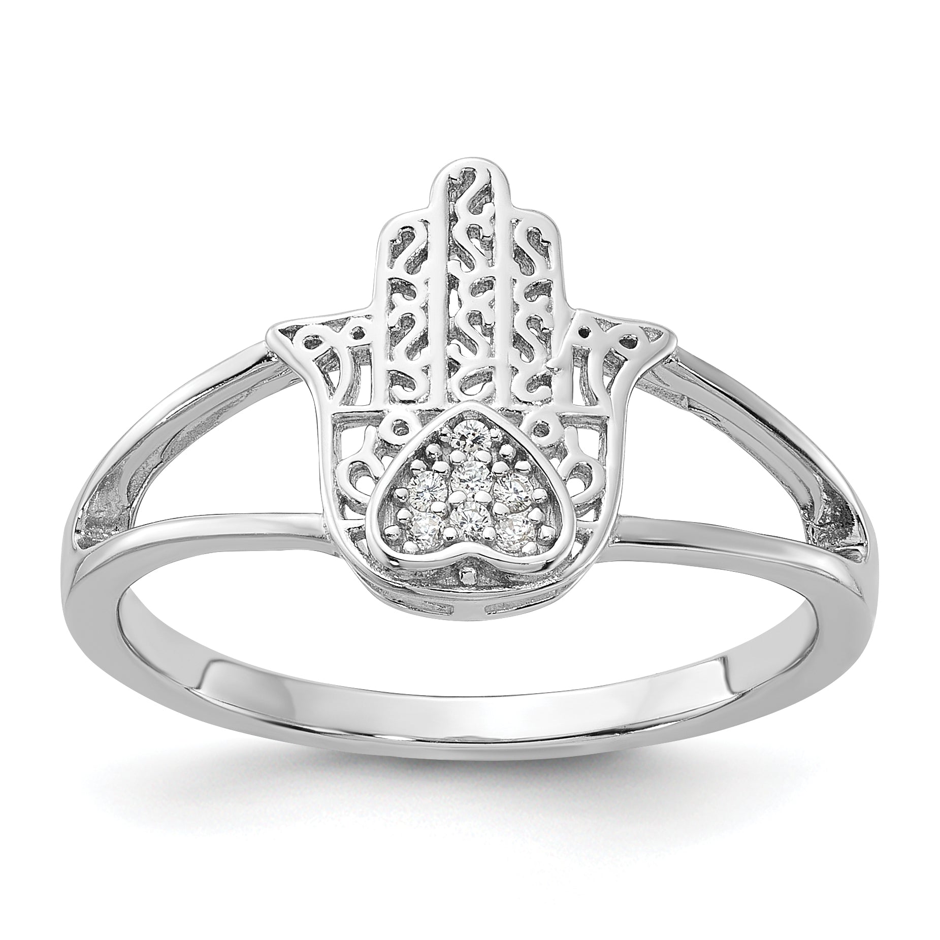 Sterling Silver Rhodium-plated CZ Heart Hamsa Ring Main image